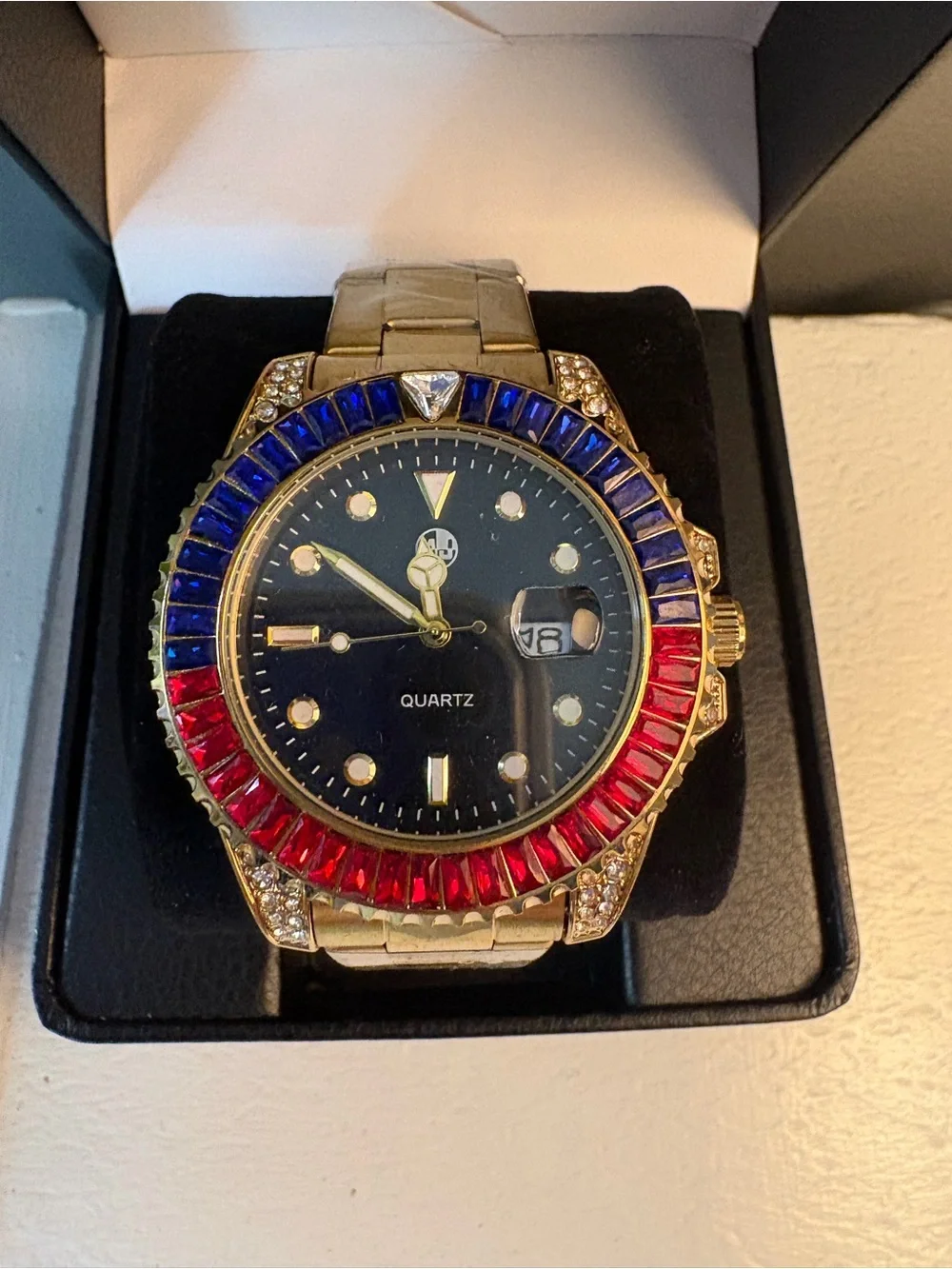 AJ Brand Men's Gold-Tone Quartz Watch with Red & Blue Crystal Bezel